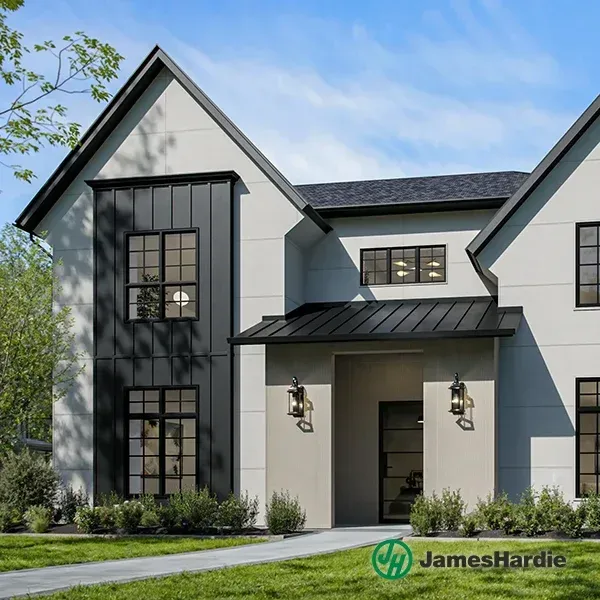 Modern gray two-story house with black trim, front porch, and landscaped lawn