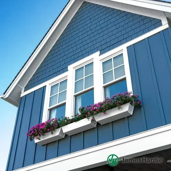 Blue house gable with white-trimmed windows and pink flowers in a white window box