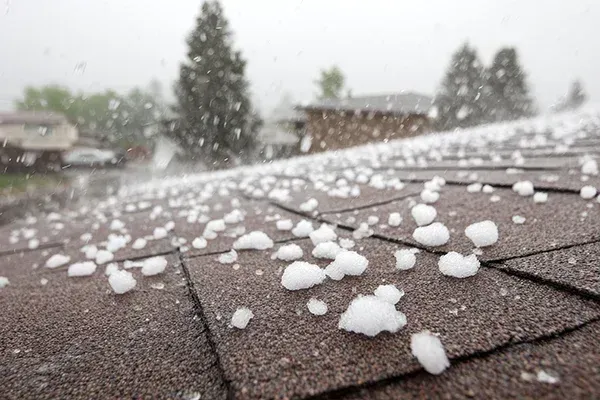 Hailstones covering a brown shingled roof during a hailstorm. Trees and houses in the background.