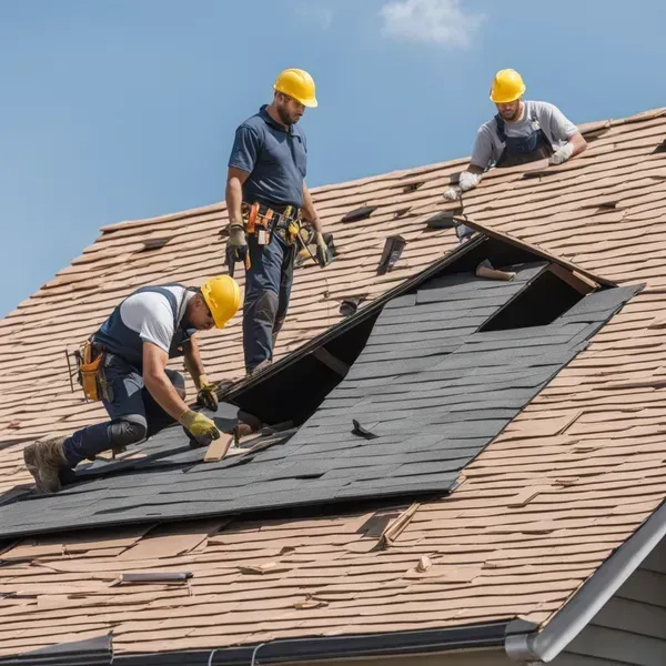 Three roofers repairing a damaged shingle roof under a blue sky, wearing yellow hard hats and tool belts.