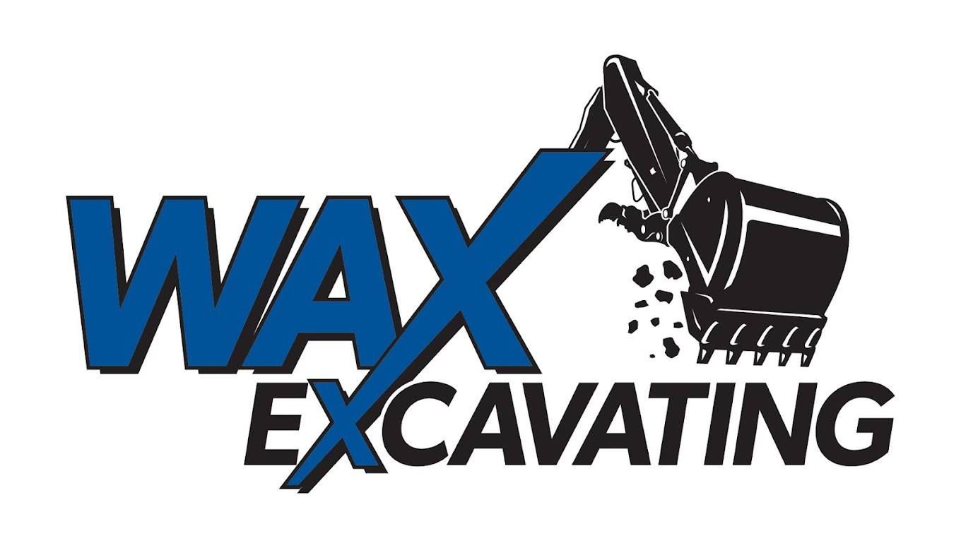 Blue "WAX" and black "EXCAVATING" logo with an excavator bucket digging.