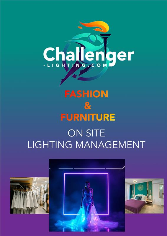Challenger Lighting advertisement: fashion & furniture lighting. Features logo, product images, text on gradient background.