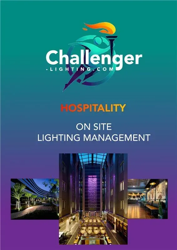 Brochure for Challenger Lighting, features hospitality lighting design, with photos of hotels.