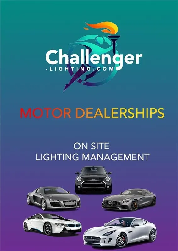 Challenger Lighting advertisement for motor dealerships with cars. Red, white, and silver cars sit below the logo.