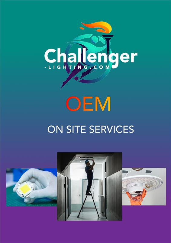 Promotional image for Challenger Lighting. Displays the company logo, on-site services, installation, and repair.