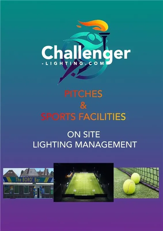 Promotional graphic for Challenger Lighting, showcasing pitches and sports facilities with lighting management.