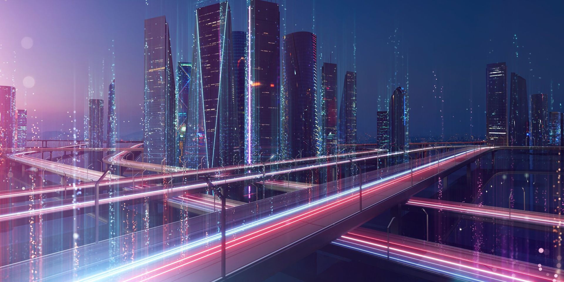 Futuristic cityscape with tall buildings, bridges, and light trails, suggesting data and technological connections.