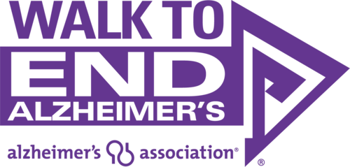 Walk to End Alzheimer's logo with purple text and arrow design. Features the Alzheimer's Association logo.