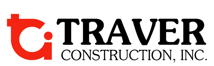 Logo for Traver Construction, Inc. Features red stylized 