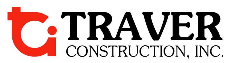 Logo for Traver Construction, Inc., featuring a red 