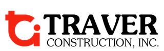 Logo for Traver Construction, Inc. Features red stylized 