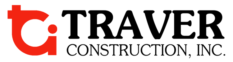 Logo for Traver Construction, Inc. featuring a red 