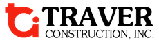 Logo for Traver Construction, Inc. featuring a red 