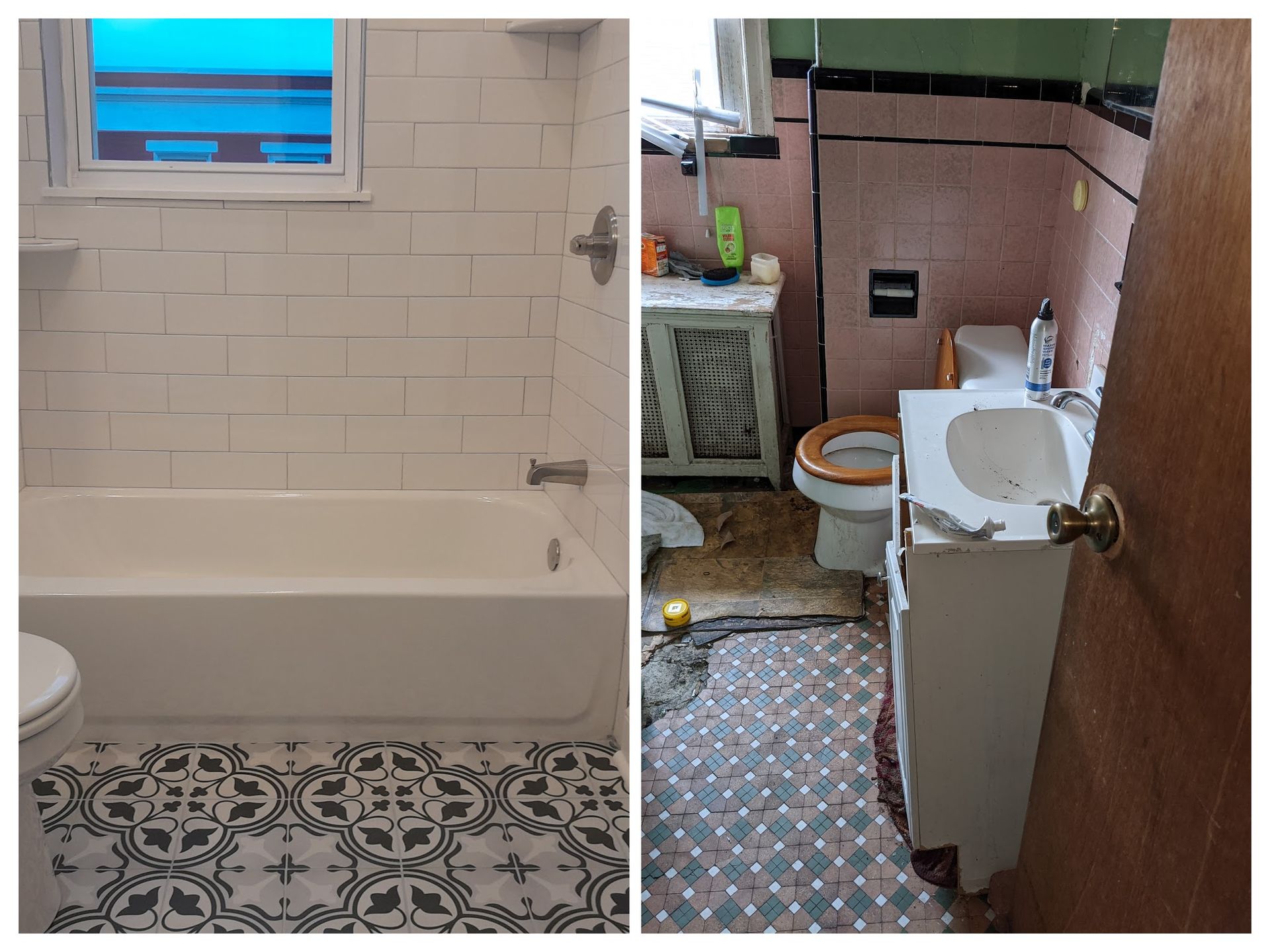 A before and after photo of a bathroom with a bathtub , toilet , sink and window.