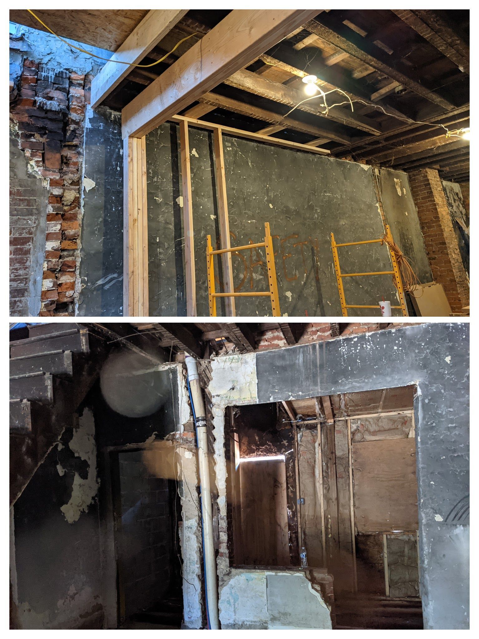 A before and after photo of a building under construction