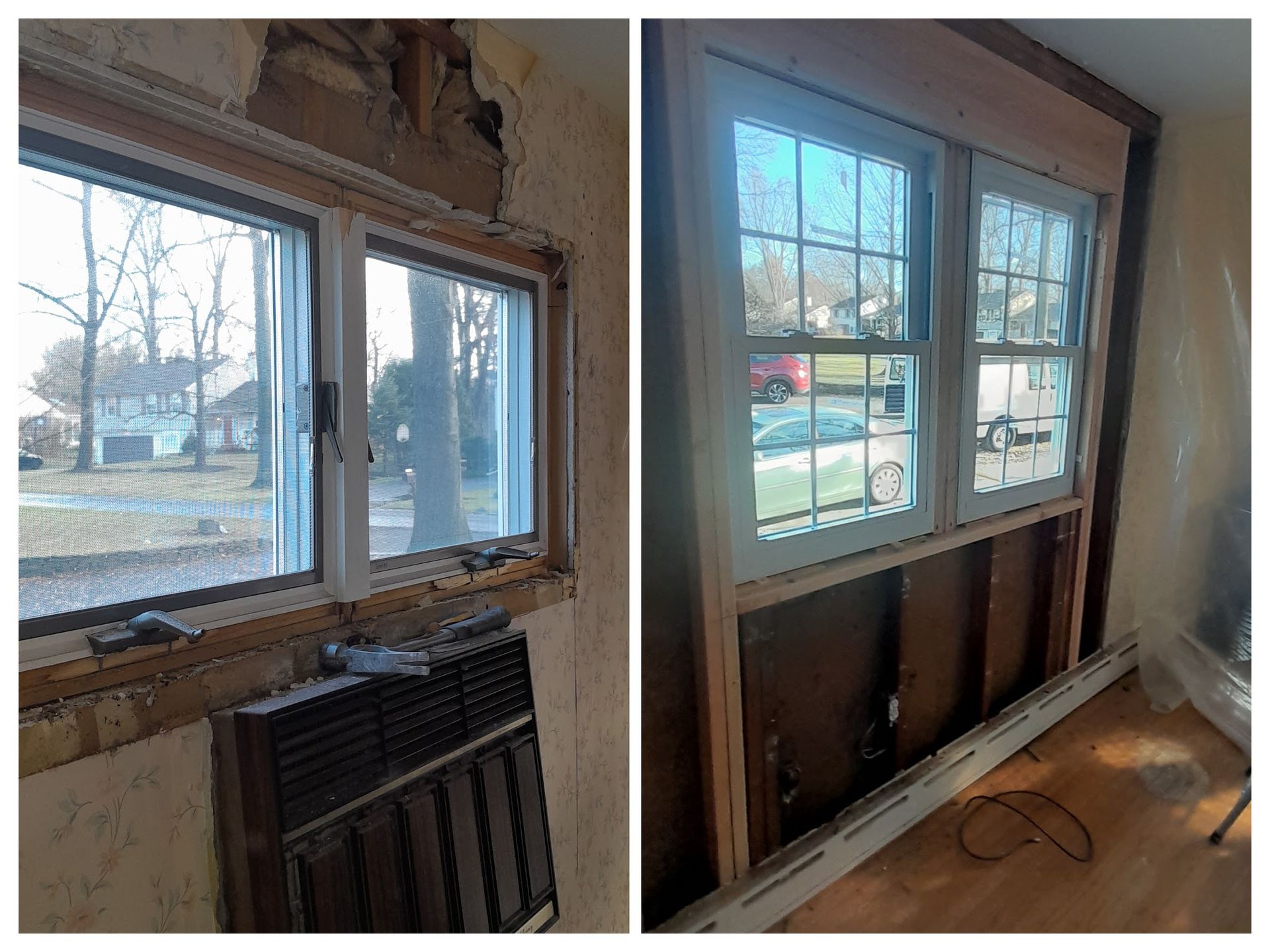 A before and after picture of a window being installed in a house.