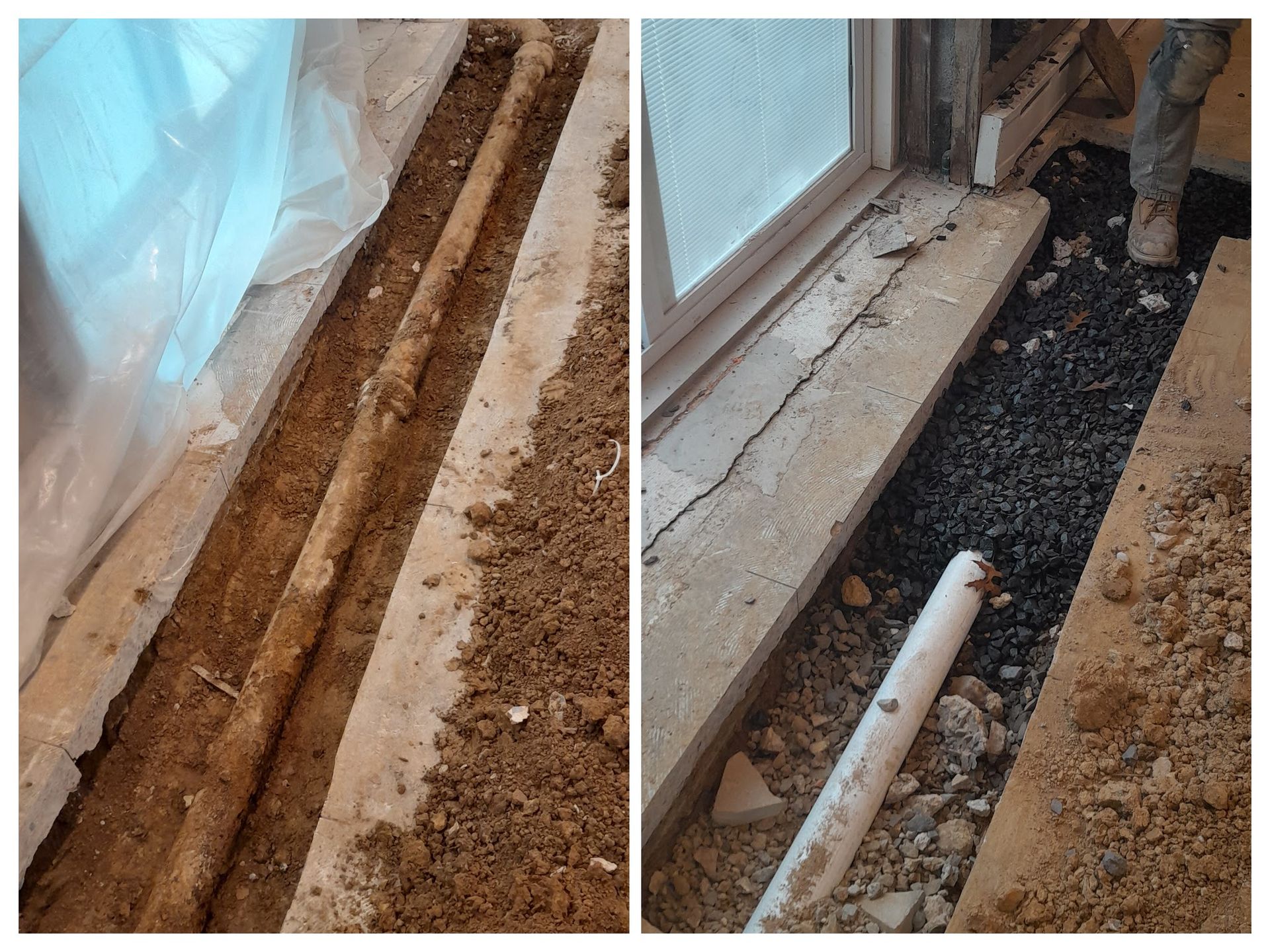 A collage of two pictures of a drainage system under a sliding glass door.