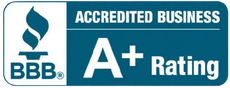 BBB Accredited Business logo: blue flame, white 