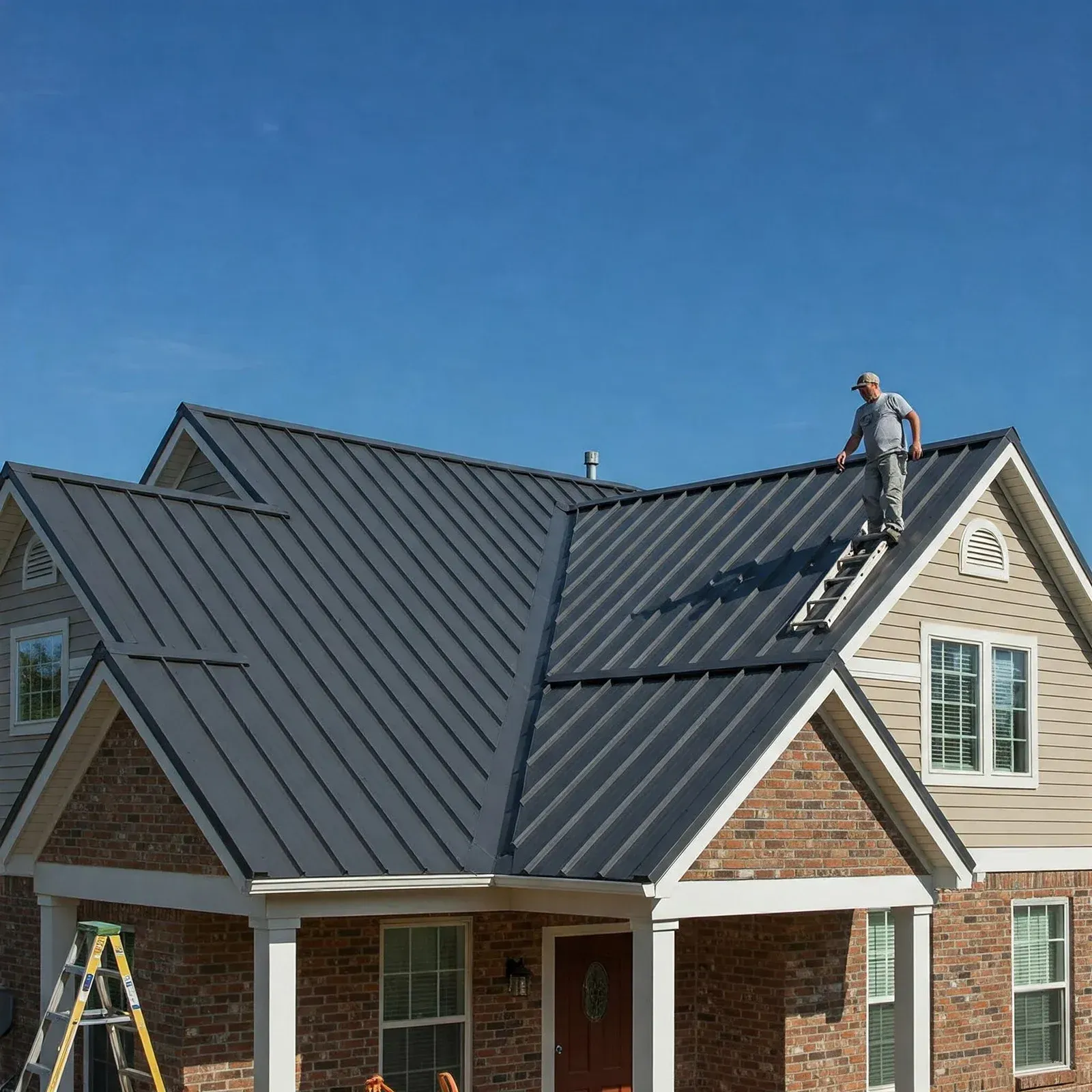 Man on a metal roof, installing it on a house with brick and siding.