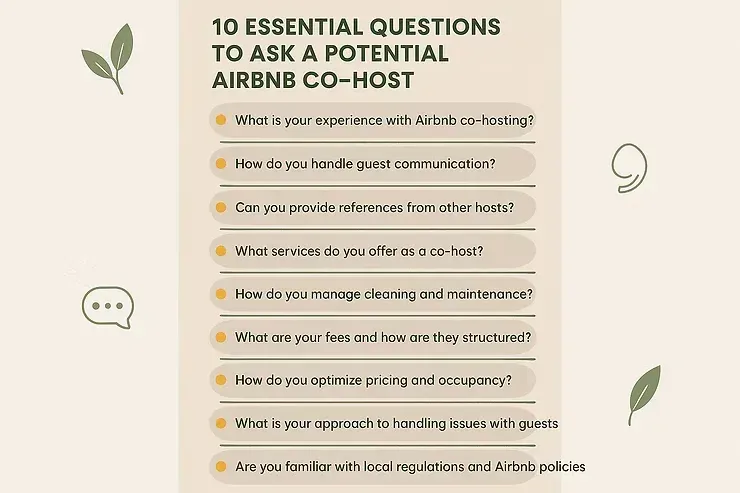 Airbnb co-host questions list on beige background with green leaf accents