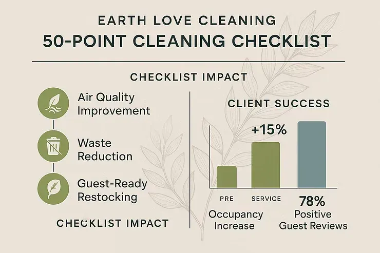 Infographic for Earth Love Cleaning: 50-point checklist with green icons and client success stats.