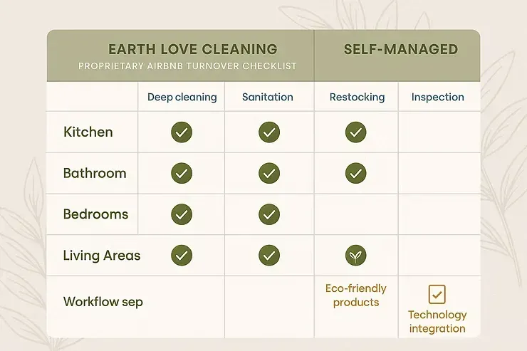 Earth Love Cleaning checklist with green checkmarks for deep cleaning, sanitization, detaching, and inspection.