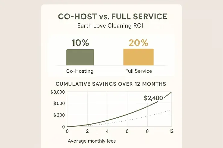 CO-HOST vs. Full Service infographic with 10% and 20% rates and a rising 12-month cumulative savings chart