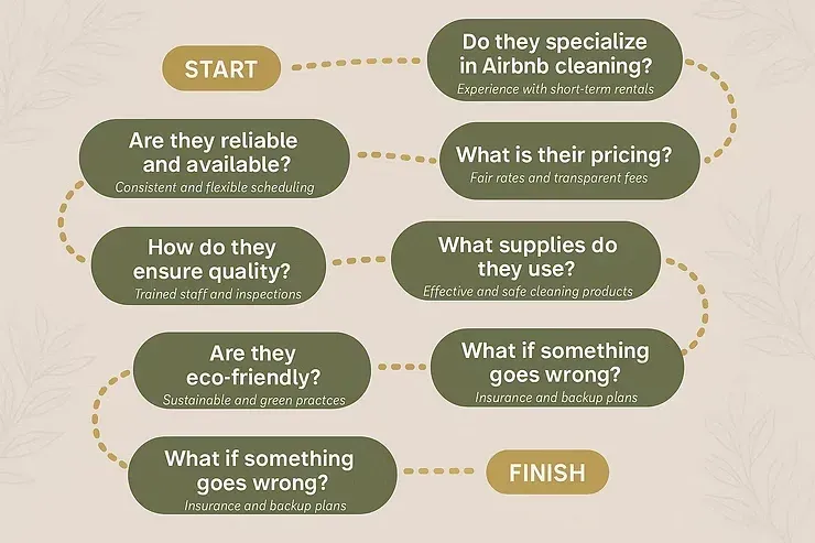 Flowchart of questions for choosing an AirBnB cleaner, ending with “FINISH”