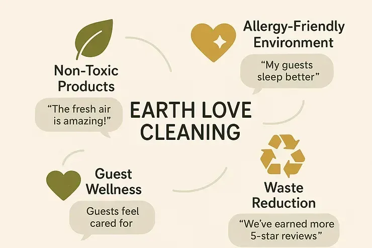 Earth Love Cleaning infographic with green and gold icons for non-toxic products, allergy-friendly environment, guest wellness, and waste reduction