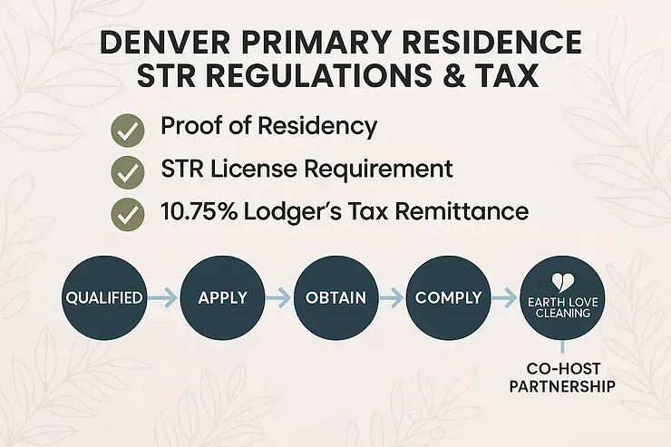 Denver primary residence STR tax rules graphic with checklist and qualification-to-compliance flow icons