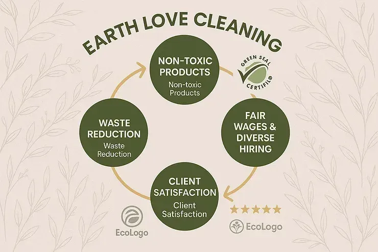 Earth Love Cleaning infographic with green circles for non-toxic products, waste reduction, and client satisfaction