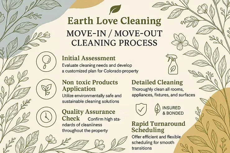 Earth Love Cleaning move-in/move-out cleaning flyer with beige floral design and service checklist icons