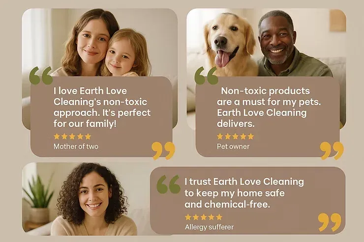 Testimonials for Earth Love Cleaning, with smiling customer photos and gold quote panels