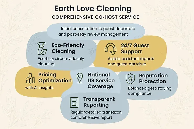 Earth Love Cleaning service infographic with eco-friendly, 24/7 support, pricing, protection, and reporting icons