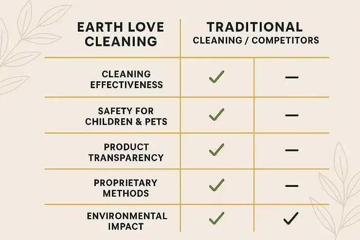 Comparison chart: Earth Love Cleaning vs traditional cleaning, highlighting benefits with green checkmarks.