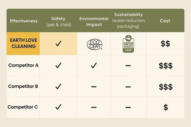 Comparison table showing EarthLove Cleaning with checks for safety, environmental impact, and sustainability; competitors lack some features.