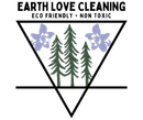 Earth Love Cleaning logo with black triangle, green trees, purple flowers, and “Eco Friendly • Non Toxic” text