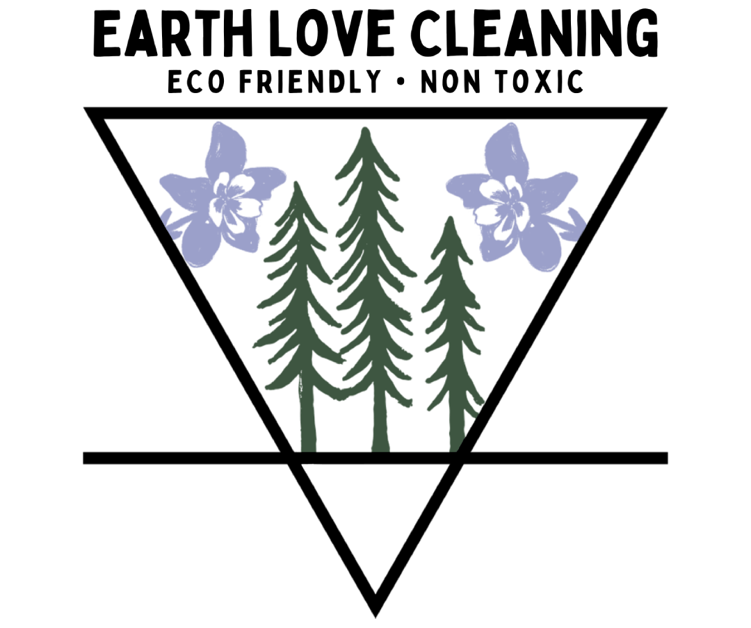 Earth Love Cleaning logo with black triangle, green trees, purple flowers, and &ldquo;Eco Friendly &bull; Non Toxic&rdquo; text