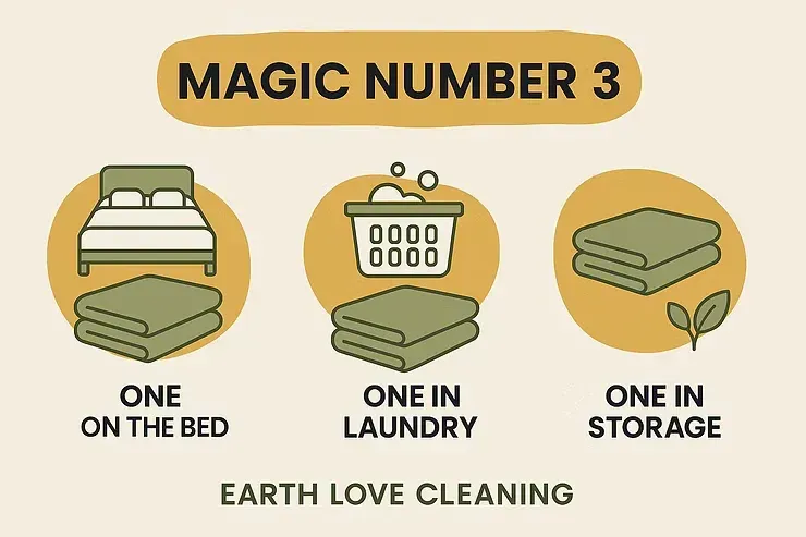 Earth Love Cleaning graphic showing “Magic Number 3”: one on the bed, one in laundry, one in storage.