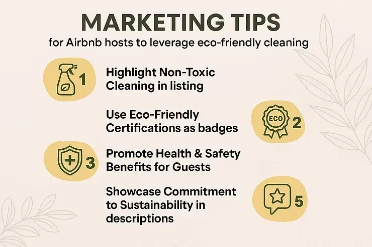 Marketing tips for Airbnb hosts: eco-friendly cleaning, certifications, safety benefits, sustainability descriptions