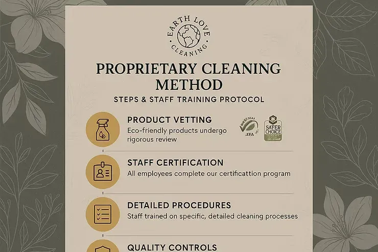 Poster titled “Proprietary Cleaning Method” with beige background and icons listing training protocol steps.