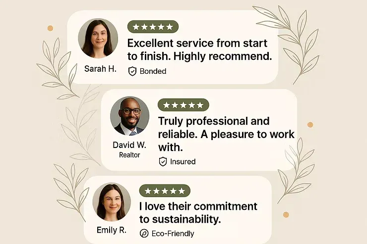 Customer testimonials on a beige background with illustrated leaves and three review cards.