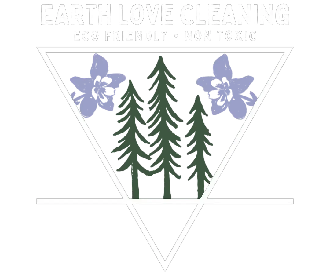Triangle logo with green pine trees and purple flowers on a light background