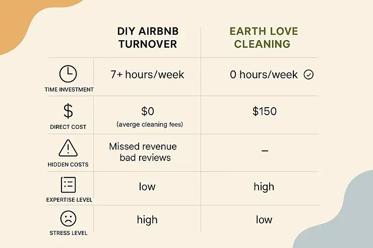 Table comparing DIY Airbnb turnover and Earth Love Cleaning costs, time, missed reviews, ease, and stress levels.