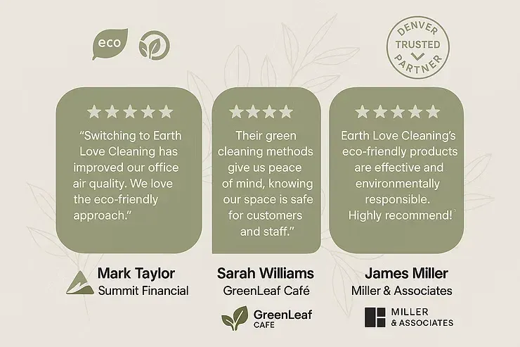 Three testimonial quote cards with five-star ratings and signatures on a beige background.