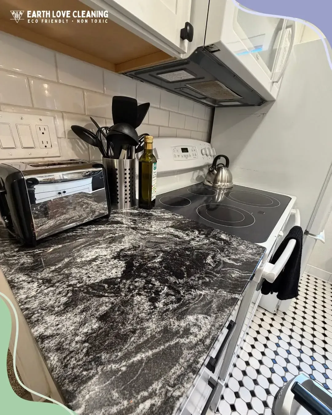 Compact kitchen counter with toaster, utensils, and flour scattered across a black countertop near a sink.
