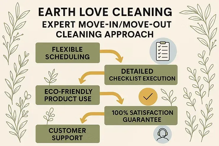 Earth Love Cleaning promo graphic with eco-friendly, flexible, detailed, and satisfaction-guaranteed cleaning services.