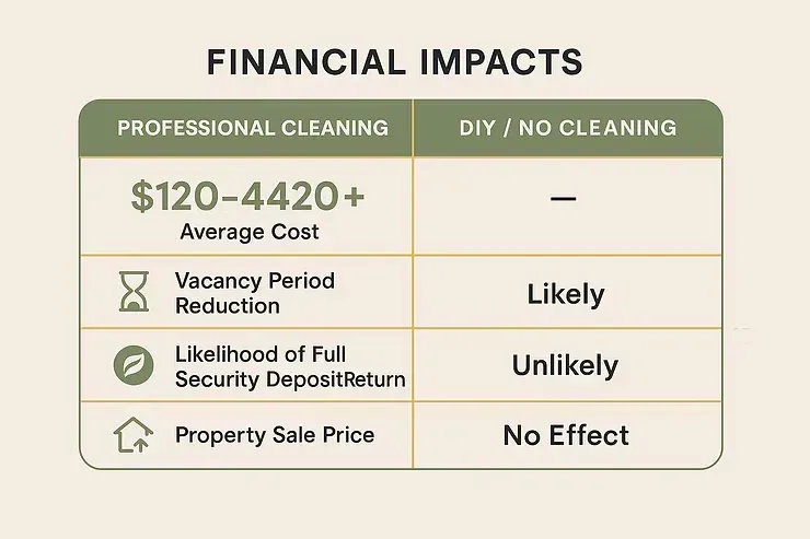 Financial impacts table comparing professional cleaning vs DIY/no cleaning, with higher cost and better deposit prospects.