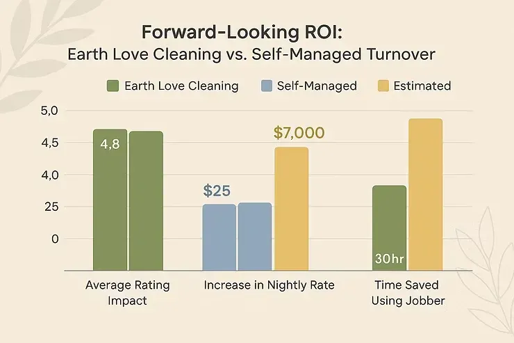 Bar chart on earth-leave cleaning ROI showing green, blue, and gold bars with labeled time and savings metrics