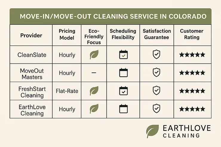 Comparison chart for Colorado move-in/move-out cleaning services with pricing, eco-friendly, scheduling, and satisfaction ratings